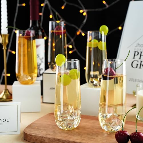 Bestluck 48 Pack 9 oz Stemless Plastic Champagne Flutes, Clear Disposable Champagne Toasting Glasses, Shatterproof and BP...