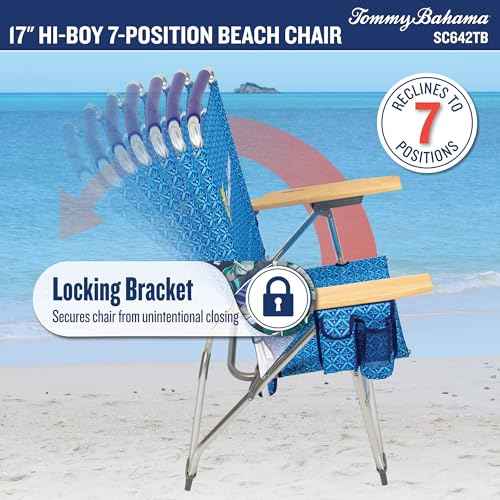 Tommy Bahama Hi-Boy 7-Position Folding Beach Chair with Cup Holder and Zippered Storage Pouch