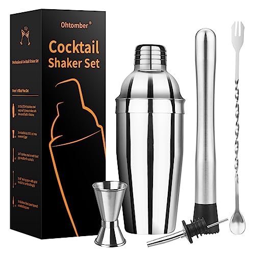 Ohtomber Cocktail Shaker Bartender Kit - 5PCS Cocktail Martini Shaker with Strainer, Muddler, Bar Spoon, Measuring Jigger ...