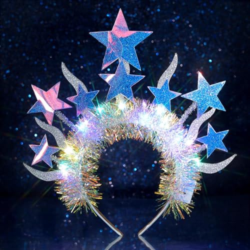 Formery Light Up Star Halo Crown Silver Celestial Goddess Headband Glitter LED Hair Accessories for Women