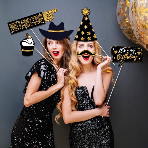 30 Pcs Black & Gold Birthday Photo Booth Props 2025 Party Photo Booth Props Birthday Decorations Backdrop Decorations for ...