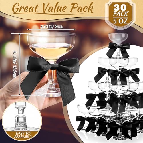 Zopeal 30 Set Champagne Tower Champagne Coupe Cocktail Glasses 5 oz with Satin Ribbon Bows 3.5 Inch Plastic Margarita Mart...