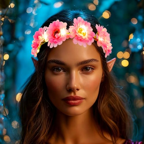 Kesvb Light Up Flower Headband LED Floral Wreath Crown Headbands Glowing Festival Garland Hair Accessories for Women (Pink)