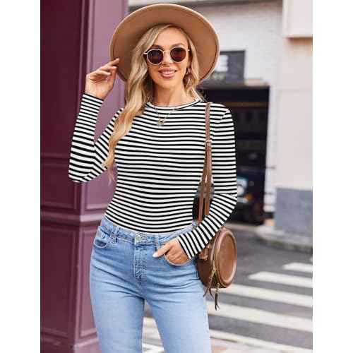 Ekouaer Women's Long Sleeve Shirts 3 Packs Crew Neck Stretchy Fitted Tops Ribbed Base Layer Soft Thermal Undershirts Tee
