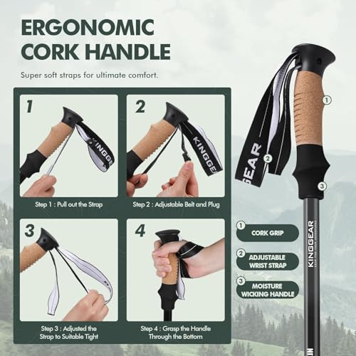 KINGGEAR Nordic Walking Stick, TP1 Hiking Poles Retractable Lightweight 7075 Aluminum, Trekking Poles with Flip Lock, Natu...