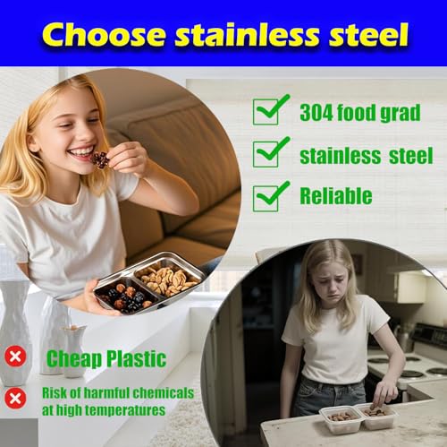 Antenat Reusable Stainless Steel Snack Containers with Lids (4PCS) –Double Compartment, Leak-Proof Food Containers with 2 ...