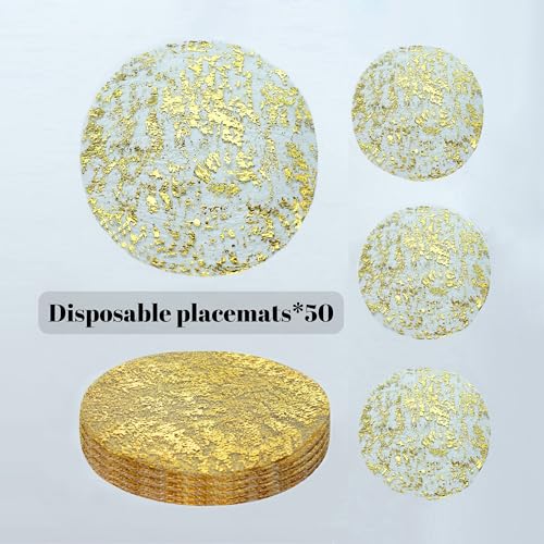 Snowkingdom Gold Placemats Set of 50 Round 13 Inch Foil Mesh Pressed Bulk Disposable Fall Table Mates 50 Pack Gold Doilies...
