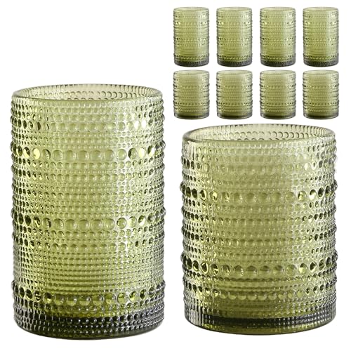 ZMOWIPDL Vintage Hobnail Drinking Glasses Set of 8,Green 12 oz & 15oz Highball Glass Cups, Kitchen Drinkware Glassware,Emb...