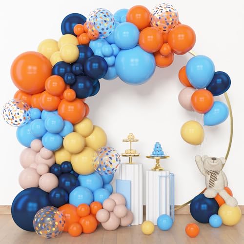 Amandir 153pcs Blue Orange Balloon Garland Arch Kit, Different Sizes 18 12 10 5 inch Navy Blue Yellow Latex Pearlescent Co...