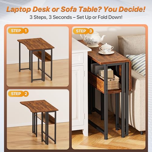 Huuger Folding Desk with Storage Shelf, 31.5 Inch Foldable Computer Table for Small Spaces, Space Saving Sofa Table for Co...