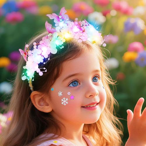 Catery Light Up Butterfly Tiara Flower Crown Fairy Princess Headband for Girls
