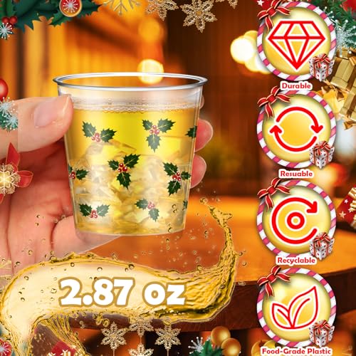 Nuogo 100 Pcs Disposable Christmas Glasses, 2.87oz Plastic Clear Holiday Glasses Mini Cups for Christmas New Year Party Gi...