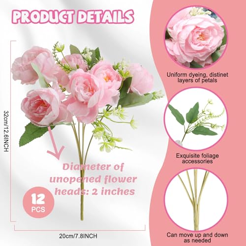 Nagobi Pink Peonies Artificial Flowers, 12 Bundles Fake Peonies Silk Flowers Faux Peonies Flowers Realistic Bouquet for We...
