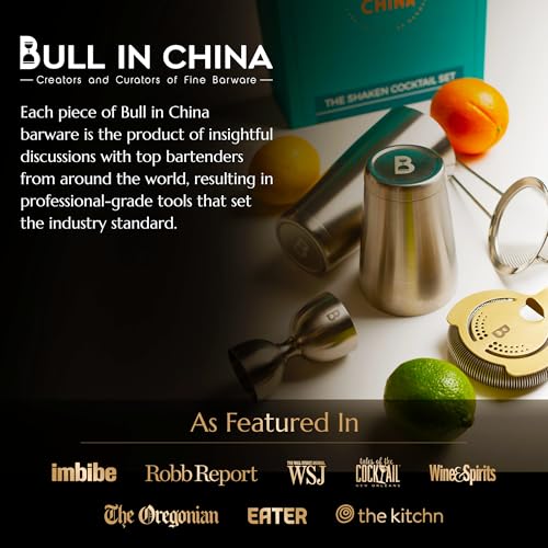 5 Piece Cocktail Kit by Bull In China - Premium Bartender Gift Set Includes Weighted 2 Piece Boston Shaker, Hammered Bell ...