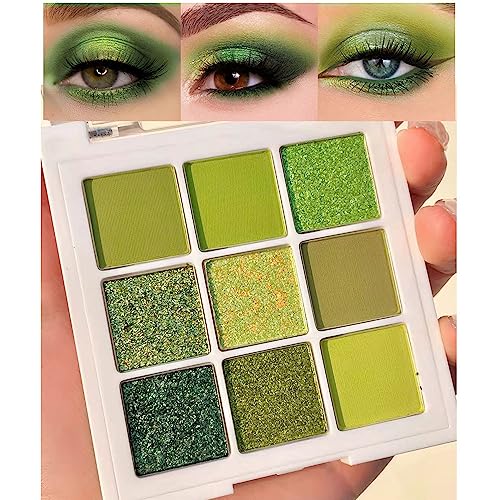 evpct 9 Colors Green Glitter Eyeshadow Palette, Light Dark Emerald Avocado Neon Green Glitter Metallic Shimmer Sparkly Eye...