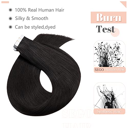 SEGO Tape in Hair Extensions Human Hair 20 Inch Natural Black 40pcs 100g Straight Natural 100% Remy Rooted Seamless Skin Weft Invisible Double Sided Tape Hair for Women