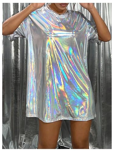 SHENHE Women's Y2k Shiny Holographic Short Sleeve Metallic Party Disco Oversized Tshirt Dress