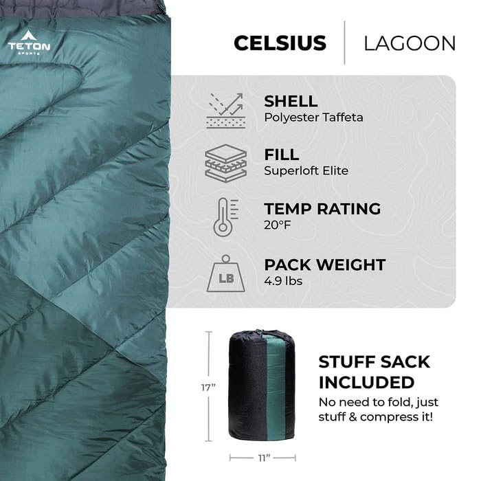 Teton Celsius Regular, 25F, 20F, 0F Degree Sleeping Bags, All Weather Bag for Adults and Kids, Camping Made Easy and Warm,...