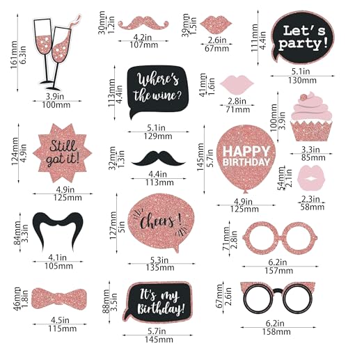 Party Birthday Photo Booth Props, 30Pcs Set of Happy Birthday Selfie Party Supplies with Real Glitter Cute Bday Designs fo...