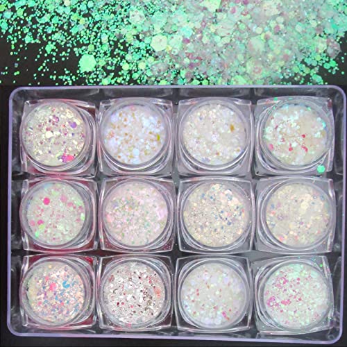 LoveOurHome 24 Box Iridescent Aurora Glitters Powder Pigment Nail Decorations Hexagon Chunky Flakes Sequins Accessories fo...
