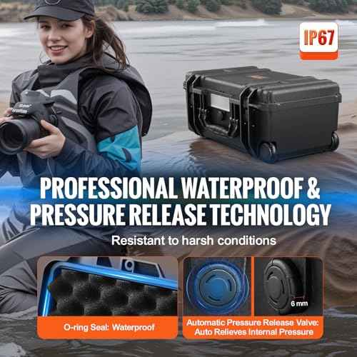 VEVOR Weatherproof Hard Case, Heavy Duty Protective Dry Box with Pre-Cut Foam, Wheels & Retractable Pull Handle for Travel, Hunt, Military, Tactical, IP67 Waterproof Case for Cameras (64x51x25)