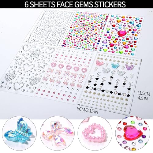 FANDAMEI Face Glitter Face Gems, 40 Colors Glitter Gel Palette with 6 Sheets Self Adhesive Hair Gems, Face Jewels for Wome...