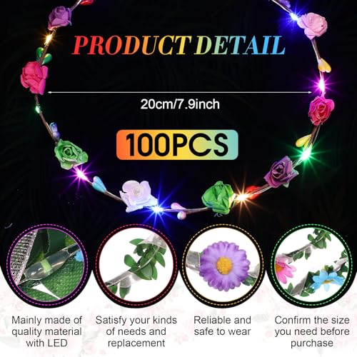 Retrowavy 100 Pcs Light up Flower Crown LED Floral Crowns Headband Garland LED Tiara Luminous Glowing Flower Hair Headpiec...
