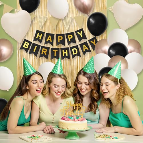 Black Gold Birthday Decorations,Party Decorations with Sand White Champagne Gold Balloon Heart Balloons Happy Birthday Ban...