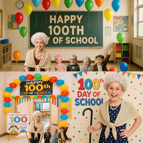 QAQ-COSPLAY 100 Days of School Costume for Women – Old Lady Costume with Wig -School Grandma Costume with Accessories