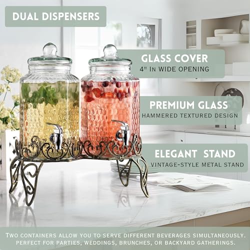 Classic Hammered Glass Beverage Dispenser with Elegant Stand (Set of 2), 1 Gallon Glass Drink Dispenser with Stand & Spigo...