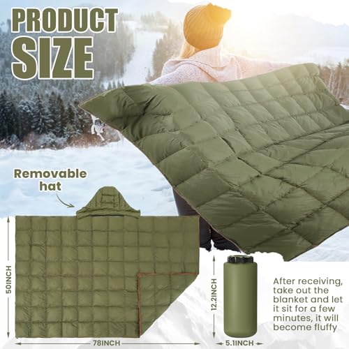 HunnmingRe Upgraded Hooded Down Camping Blanket Waterproof 650 Fill Puffy Poncho Blanket 77" x 50" Packable Wearable Sleep...