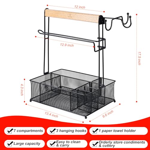 VIKEYHOME Grill Caddy, Picnic BBQ Organizer for Camping Outdoor Mesh Basket with 3 Hanging Hooks and Paper Towel Holder, I...