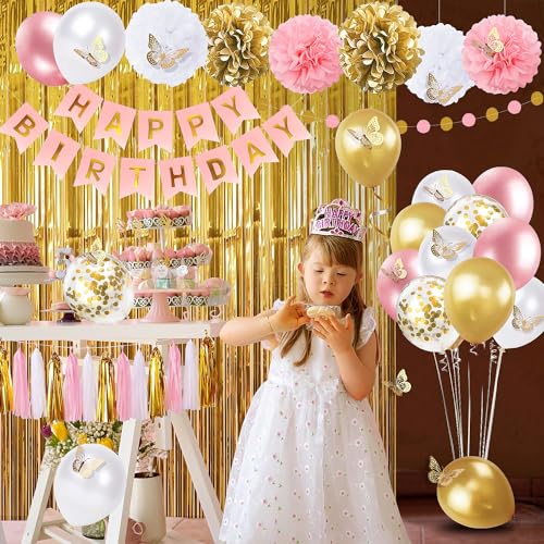 Pink and Gold Birthday Party Decorations for Women with Happy Birthday Banner,Curtains, Butterfly Wall,Circle Dots Garlan...