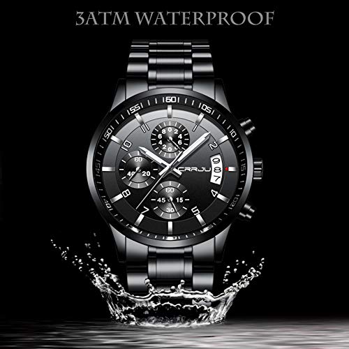 CRRJU Men's Black Watch Fashion Business Chronograph Quartz Wristwatches,Luxury Stainsteel Steel Band 3ATM Waterproof Watch for Men