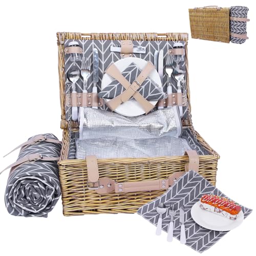 Neti Neti Wicker Picnic Basket for 4 with Insulated Cooler & Waterproof Blanket – Large Willow Picnic Hamper for Outdoor, ...