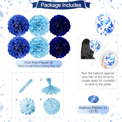 Iysoll Blue Birthday Party Decorations for Boys Men Happy Birthday Banner Balloons Navy Royal Light Blue Pom Poms Foil Cur...