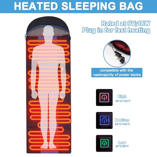 Sleeping Bags for Adults, Heated Sleeping Bag with 3 Adjustable Temperature, Waterproof USB Rechargeable Heating Pads, 0 D...