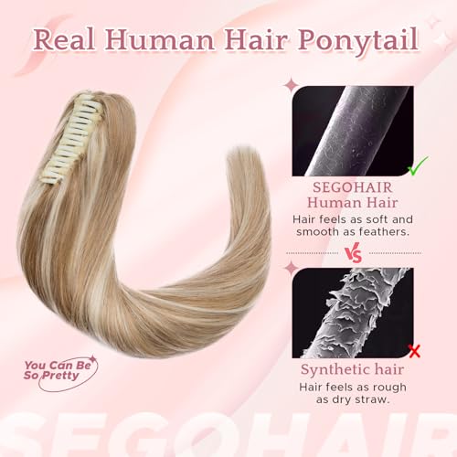 Human Hair Claw Clip Ponytail Extension 100% Real Human Hair Clip-In Extensions for Women Long Straight Pony Tails 16 Inches 105g #12P613 Golden Brown mixed Bleach Blonde