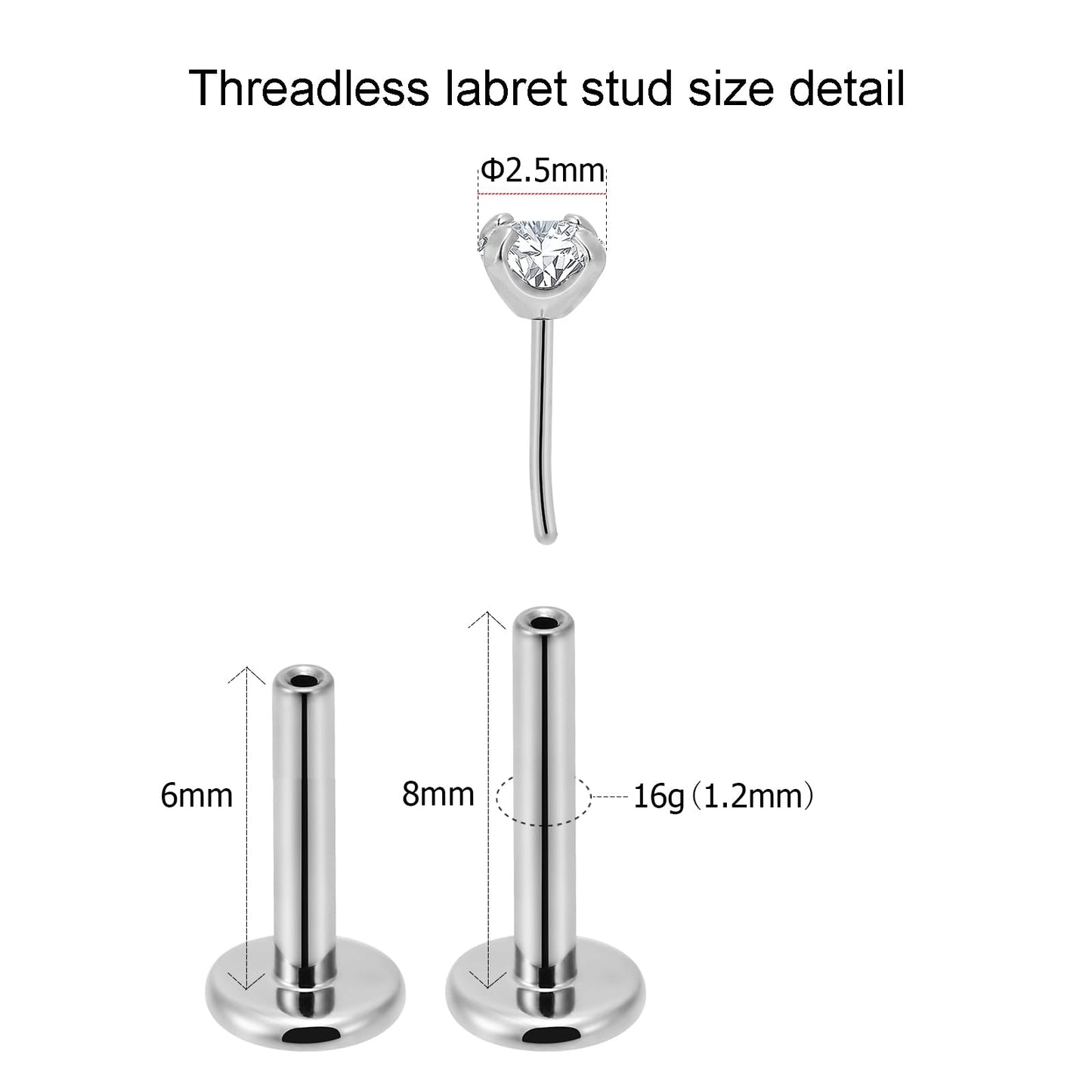 NewkeepsR 16G G23 Titanium Press Fit Threadless Push Pop in 2.5mm Cubic Zirconia Top Labret Lip Monroe Stud Tragus