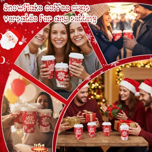 Potchen 48 Sets 12oz Winter Snowflake Coffee Cups with Lids and Sleeves Red Christmas Snowflake Paper Drinking Cups For Xm...