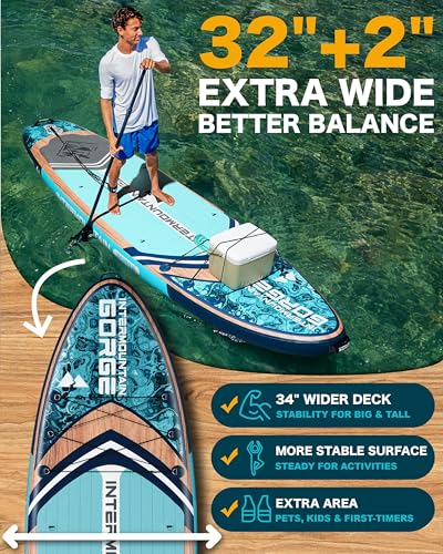 11'x34 Ultra-Wide SUP 2-Board Bundle – 420lb Capacity Each, All-Accessory Kit, 100L Backpack (Woodgrain Blue&Pink)