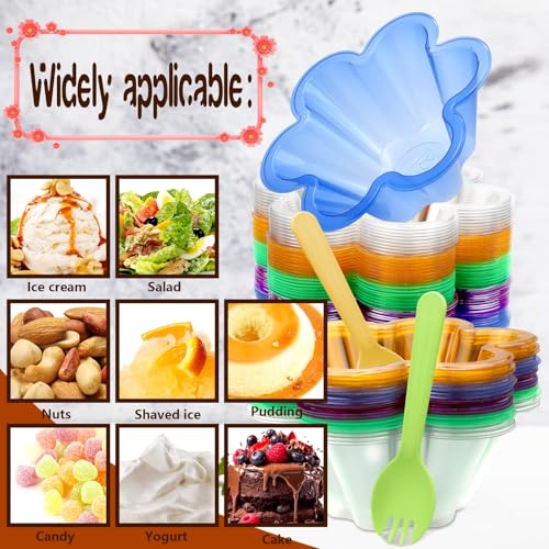 Vmiapxo 100 sets 8 oz Disposable Ice Cream Bowls and Spoons, Flower Shape Plastic Sundae Cups, Ice Cream Bar Supplies, Col...