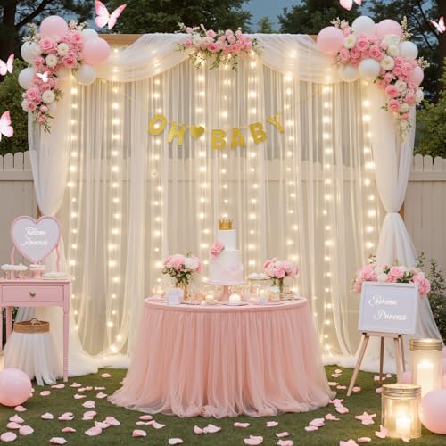 Ivory Sheer Backdrop Curtains with Lights String for Parites Wedding 10×8ft Tulle Backdrop Curtains for Baby Shower Birthd...