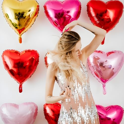 Wuhetyo Pink Heart Balloons,18inch Bright Pink Heart Shaped Foil Balloons & Pastel White Helium Mylar Balloon for Annivers...