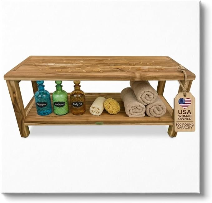 EcoDecors Teak Shower Bench with Large Storage Shelf 36", 300 lb Capacity – Waterproof Bathroom Seat with Non-Slip Feet, Elegant Natural Teak Finish, Ideal for Adults, Seniors, & Spa-Style Bathrooms