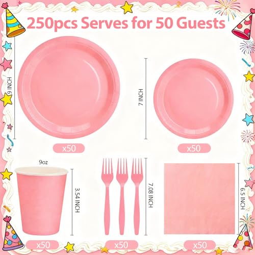 CENLBJ Pink Paper Plates and Napkins, Disposable Party Supplies, 50 of Each 9’’ Pink Plate, 7’’ Dessert Plates Napkins Cup...