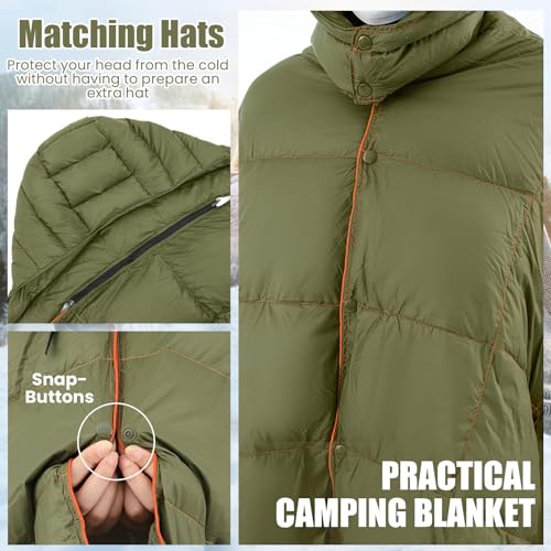 HunnmingRe Upgraded Hooded Down Camping Blanket Waterproof 650 Fill Puffy Poncho Blanket 77" x 50" Packable Wearable Sleep...