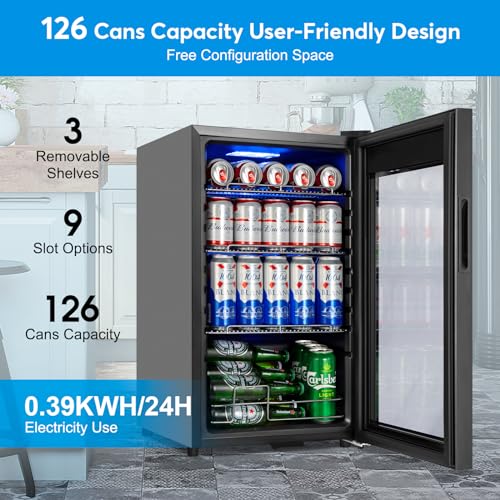 FoMup Beverage Refrigerator 17 inch Wide - 126 Can Beverage Cooler with Glass Door | Counter-Top/Freestanding Mini Beverag...