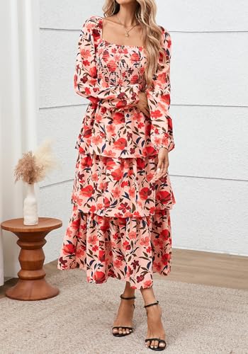 BTFBM Spring Dresses for Women 2026 Floral Long Sleeve Smocked Square Neck Ruffle Tiered Flowy Party Wedding Guest Dress