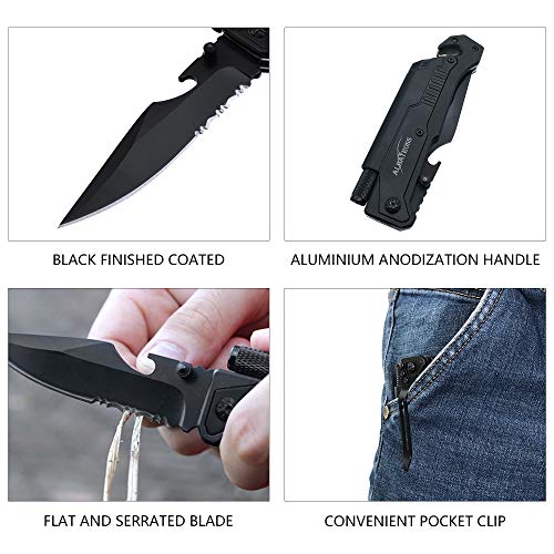 ALBATROSS 6-in-1 Survival Tactical Military Folding Pocket Knives with LED Light,Seatbelt Cutter,Glass Breaker,Magnesium F...